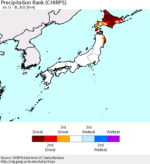 Japan Precipitation Rank since 1981 (CHIRPS) Thematic Map For 7/11/2021 - 7/20/2021
