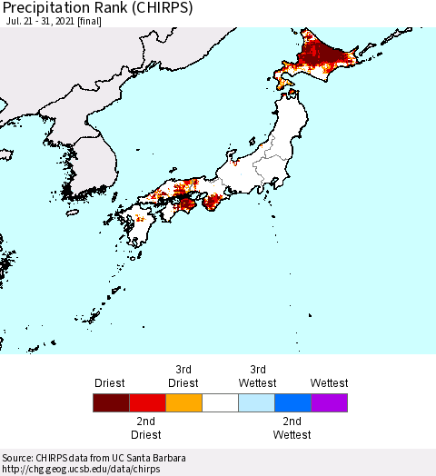 Japan Precipitation Rank since 1981 (CHIRPS) Thematic Map For 7/21/2021 - 7/31/2021