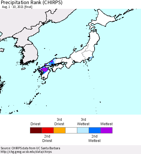 Japan Precipitation Rank since 1981 (CHIRPS) Thematic Map For 8/1/2021 - 8/10/2021