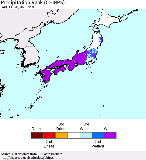 Japan Precipitation Rank since 1981 (CHIRPS) Thematic Map For 8/11/2021 - 8/20/2021