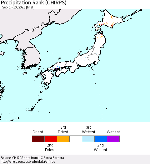 Japan Precipitation Rank since 1981 (CHIRPS) Thematic Map For 9/1/2021 - 9/10/2021