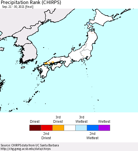 Japan Precipitation Rank since 1981 (CHIRPS) Thematic Map For 9/21/2021 - 9/30/2021