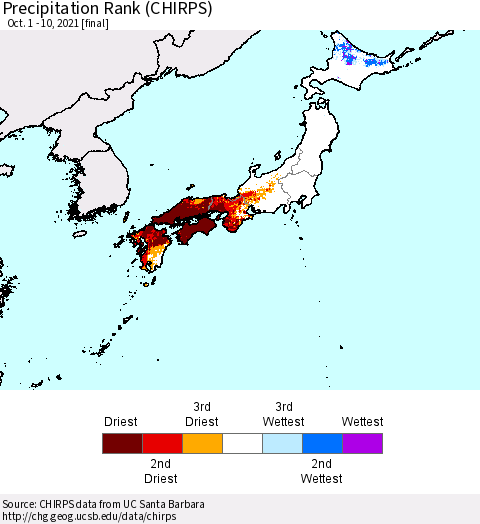 Japan Precipitation Rank since 1981 (CHIRPS) Thematic Map For 10/1/2021 - 10/10/2021