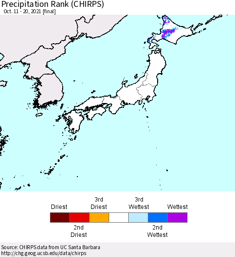 Japan Precipitation Rank since 1981 (CHIRPS) Thematic Map For 10/11/2021 - 10/20/2021