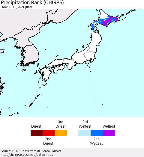 Japan Precipitation Rank since 1981 (CHIRPS) Thematic Map For 11/1/2021 - 11/10/2021
