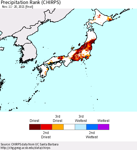 Japan Precipitation Rank since 1981 (CHIRPS) Thematic Map For 11/11/2021 - 11/20/2021