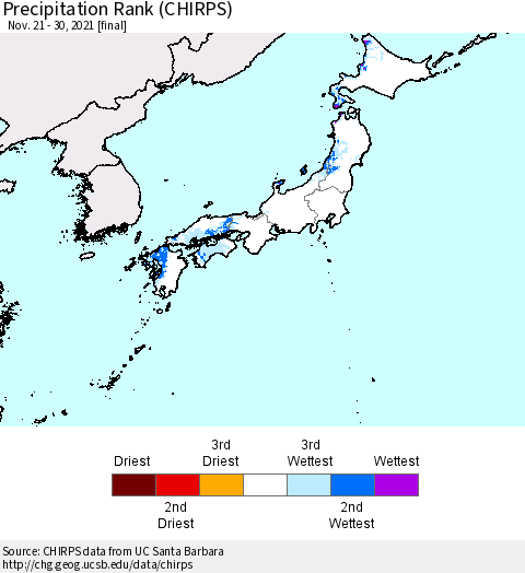 Japan Precipitation Rank since 1981 (CHIRPS) Thematic Map For 11/21/2021 - 11/30/2021