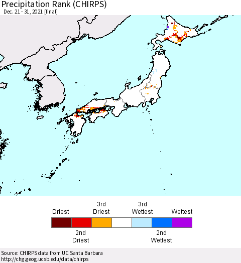 Japan Precipitation Rank since 1981 (CHIRPS) Thematic Map For 12/21/2021 - 12/31/2021