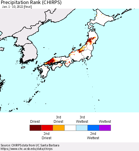 Japan Precipitation Rank since 1981 (CHIRPS) Thematic Map For 1/1/2022 - 1/10/2022