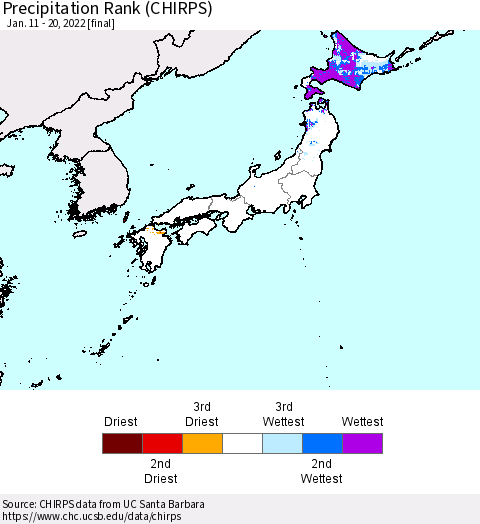 Japan Precipitation Rank since 1981 (CHIRPS) Thematic Map For 1/11/2022 - 1/20/2022