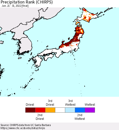 Japan Precipitation Rank since 1981 (CHIRPS) Thematic Map For 1/21/2022 - 1/31/2022