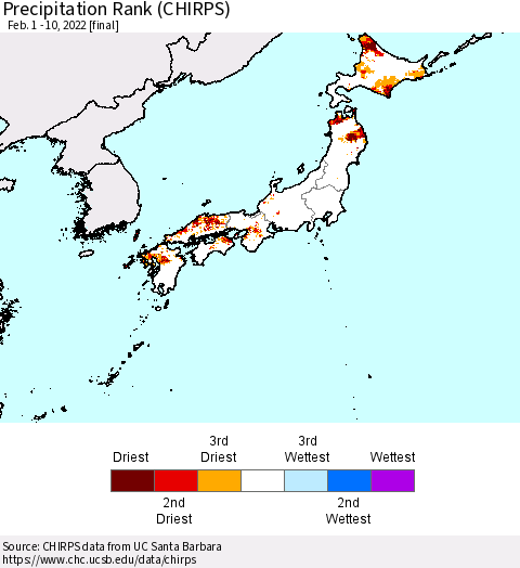 Japan Precipitation Rank since 1981 (CHIRPS) Thematic Map For 2/1/2022 - 2/10/2022