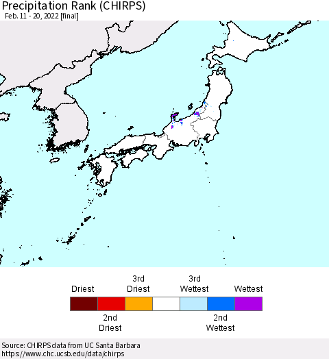 Japan Precipitation Rank since 1981 (CHIRPS) Thematic Map For 2/11/2022 - 2/20/2022