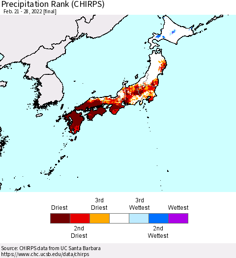 Japan Precipitation Rank since 1981 (CHIRPS) Thematic Map For 2/21/2022 - 2/28/2022