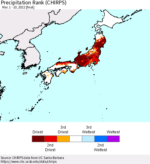 Japan Precipitation Rank since 1981 (CHIRPS) Thematic Map For 3/1/2022 - 3/10/2022