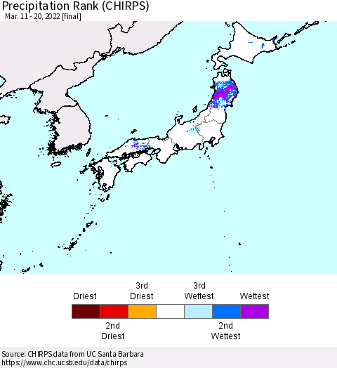Japan Precipitation Rank since 1981 (CHIRPS) Thematic Map For 3/11/2022 - 3/20/2022