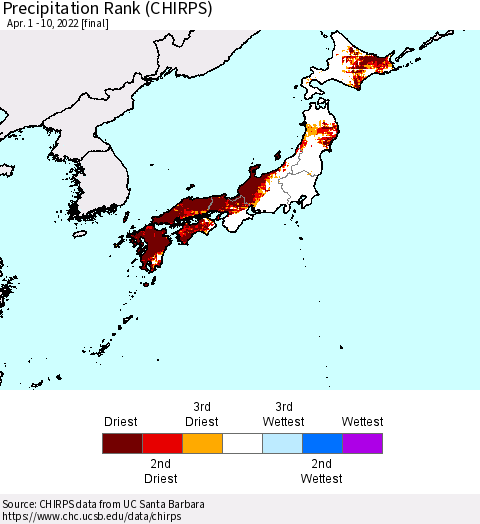 Japan Precipitation Rank since 1981 (CHIRPS) Thematic Map For 4/1/2022 - 4/10/2022