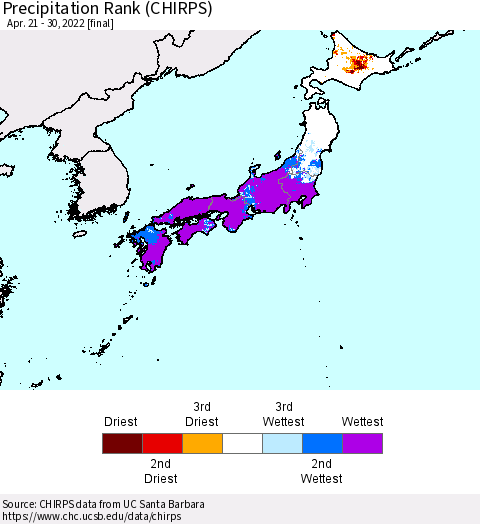 Japan Precipitation Rank since 1981 (CHIRPS) Thematic Map For 4/21/2022 - 4/30/2022