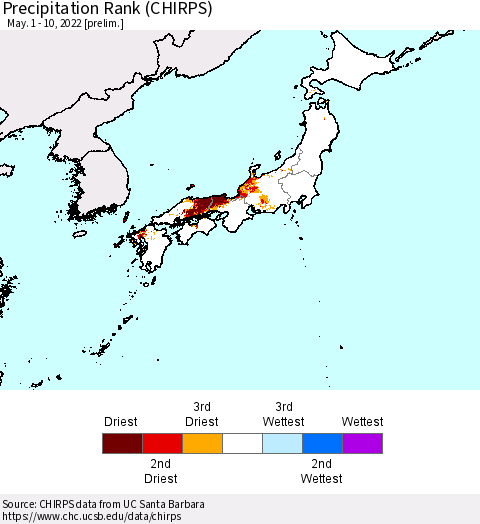 Japan Precipitation Rank since 1981 (CHIRPS) Thematic Map For 5/1/2022 - 5/10/2022