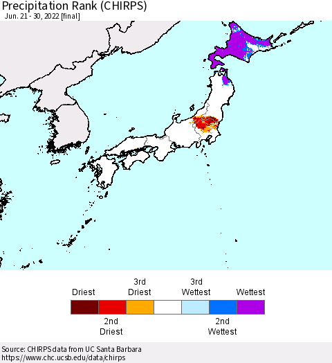 Japan Precipitation Rank since 1981 (CHIRPS) Thematic Map For 6/21/2022 - 6/30/2022