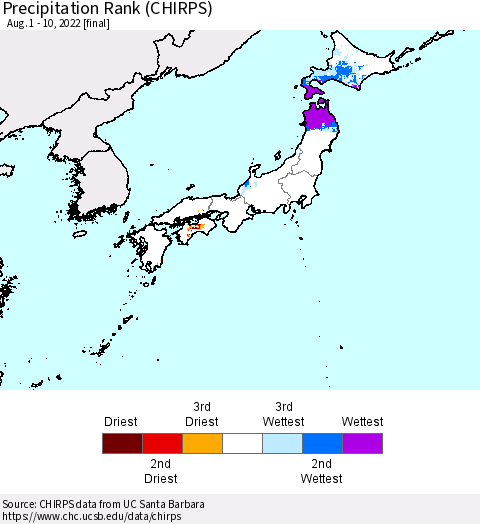 Japan Precipitation Rank since 1981 (CHIRPS) Thematic Map For 8/1/2022 - 8/10/2022