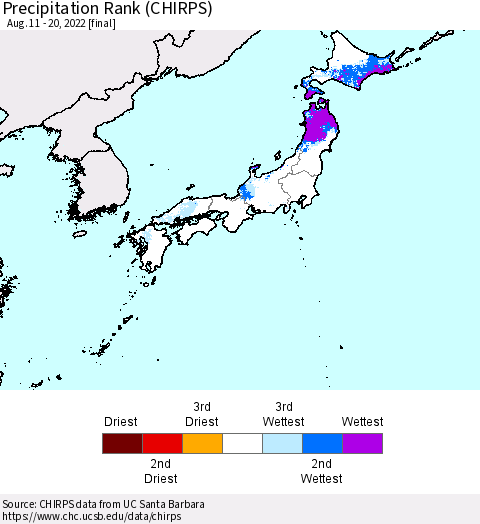 Japan Precipitation Rank since 1981 (CHIRPS) Thematic Map For 8/11/2022 - 8/20/2022