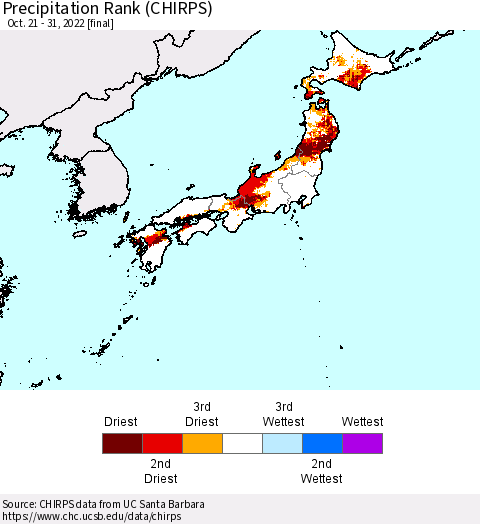 Japan Precipitation Rank since 1981 (CHIRPS) Thematic Map For 10/21/2022 - 10/31/2022