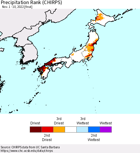 Japan Precipitation Rank since 1981 (CHIRPS) Thematic Map For 11/1/2022 - 11/10/2022