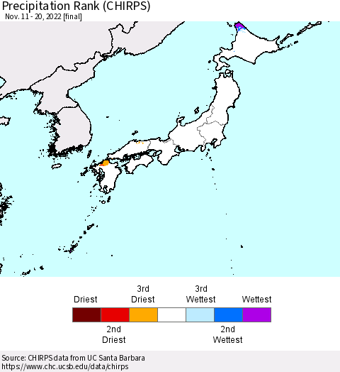 Japan Precipitation Rank since 1981 (CHIRPS) Thematic Map For 11/11/2022 - 11/20/2022