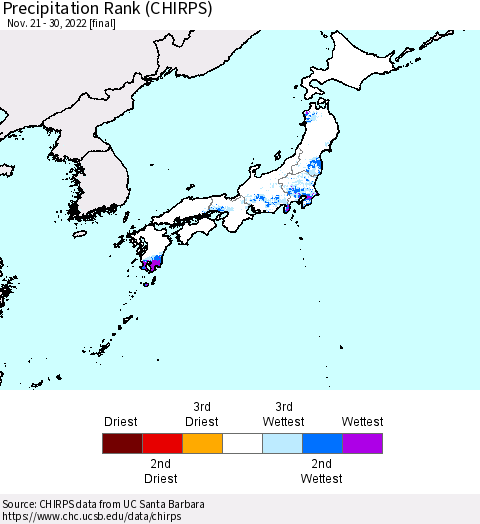 Japan Precipitation Rank since 1981 (CHIRPS) Thematic Map For 11/21/2022 - 11/30/2022