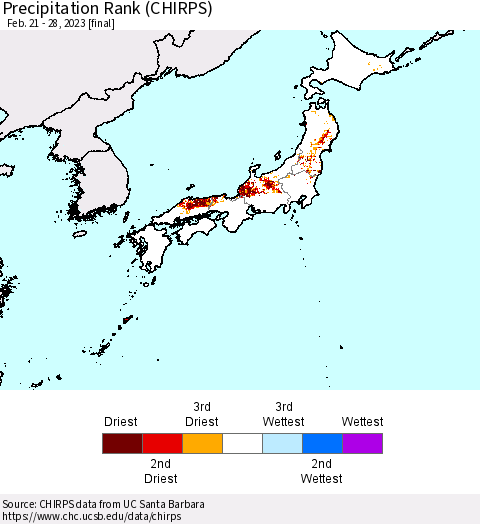 Japan Precipitation Rank since 1981 (CHIRPS) Thematic Map For 2/21/2023 - 2/28/2023