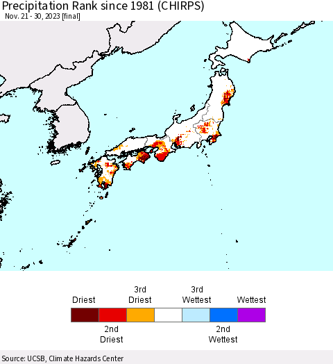 Japan Precipitation Rank since 1981 (CHIRPS) Thematic Map For 11/21/2023 - 11/30/2023