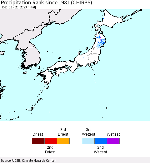 Japan Precipitation Rank since 1981 (CHIRPS) Thematic Map For 12/11/2023 - 12/20/2023