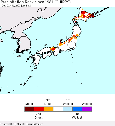 Japan Precipitation Rank since 1981 (CHIRPS) Thematic Map For 12/21/2023 - 12/31/2023