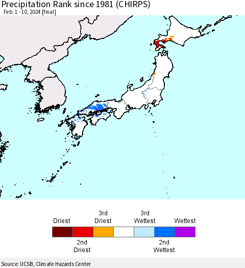 Japan Precipitation Rank since 1981 (CHIRPS) Thematic Map For 2/1/2024 - 2/10/2024