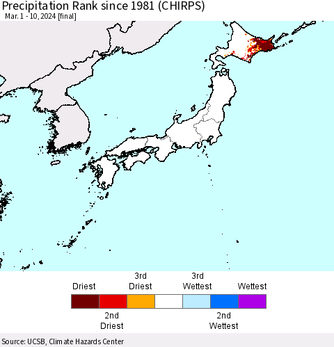 Japan Precipitation Rank since 1981 (CHIRPS) Thematic Map For 3/1/2024 - 3/10/2024