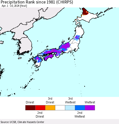 Japan Precipitation Rank since 1981 (CHIRPS) Thematic Map For 4/1/2024 - 4/10/2024