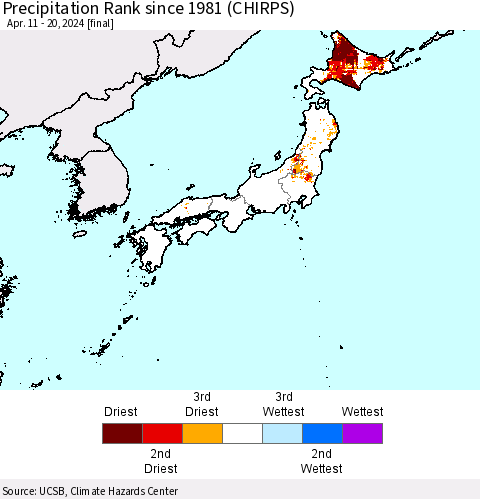 Japan Precipitation Rank since 1981 (CHIRPS) Thematic Map For 4/11/2024 - 4/20/2024