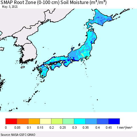 Japan SMAP Root Zone (0-100 cm) Soil Moisture (m³/m³) Thematic Map For 5/1/2021 - 5/5/2021