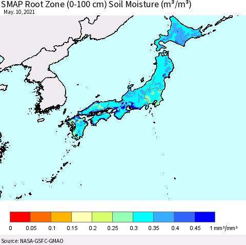 Japan SMAP Root Zone (0-100 cm) Soil Moisture (m³/m³) Thematic Map For 5/6/2021 - 5/10/2021
