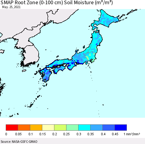 Japan SMAP Root Zone (0-100 cm) Soil Moisture (m³/m³) Thematic Map For 5/21/2021 - 5/25/2021
