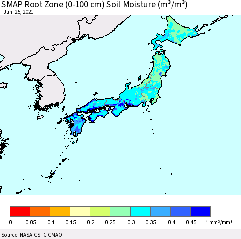 Japan SMAP Root Zone (0-100 cm) Soil Moisture (m³/m³) Thematic Map For 6/21/2021 - 6/25/2021