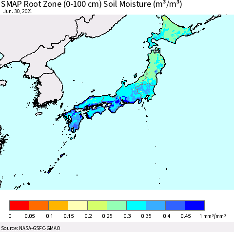 Japan SMAP Root Zone (0-100 cm) Soil Moisture (m³/m³) Thematic Map For 6/26/2021 - 6/30/2021