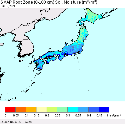 Japan SMAP Root Zone (0-100 cm) Soil Moisture (m³/m³) Thematic Map For 7/1/2021 - 7/5/2021