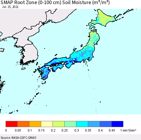 Japan SMAP Root Zone (0-100 cm) Soil Moisture (m³/m³) Thematic Map For 7/21/2021 - 7/25/2021
