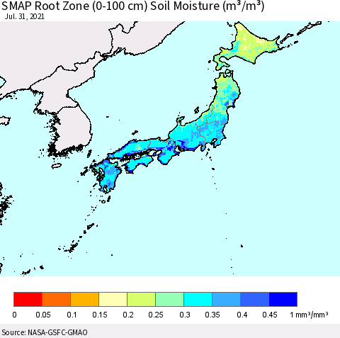 Japan SMAP Root Zone (0-100 cm) Soil Moisture (m³/m³) Thematic Map For 7/26/2021 - 7/31/2021