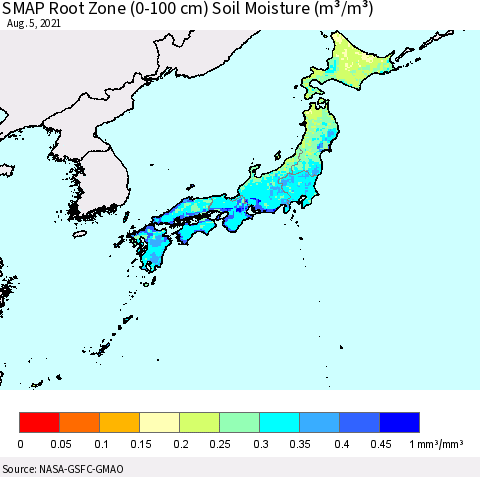 Japan SMAP Root Zone (0-100 cm) Soil Moisture (m³/m³) Thematic Map For 8/1/2021 - 8/5/2021