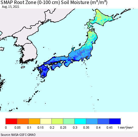 Japan SMAP Root Zone (0-100 cm) Soil Moisture (m³/m³) Thematic Map For 8/11/2021 - 8/15/2021