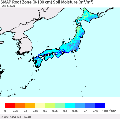 Japan SMAP Root Zone (0-100 cm) Soil Moisture (m³/m³) Thematic Map For 10/1/2021 - 10/5/2021