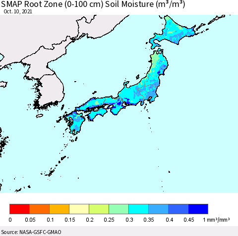 Japan SMAP Root Zone (0-100 cm) Soil Moisture (m³/m³) Thematic Map For 10/6/2021 - 10/10/2021